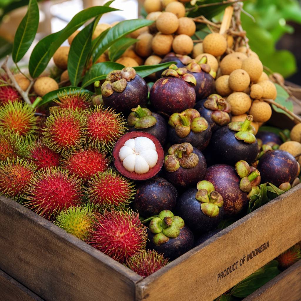 Assortment of premium Indonesian tropical fruits ready for export